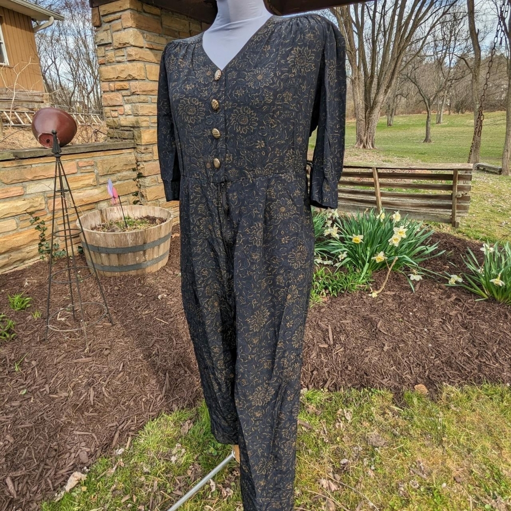 Vintage sunflower jumpsuit black gold 1990s 1980s shoulder pads